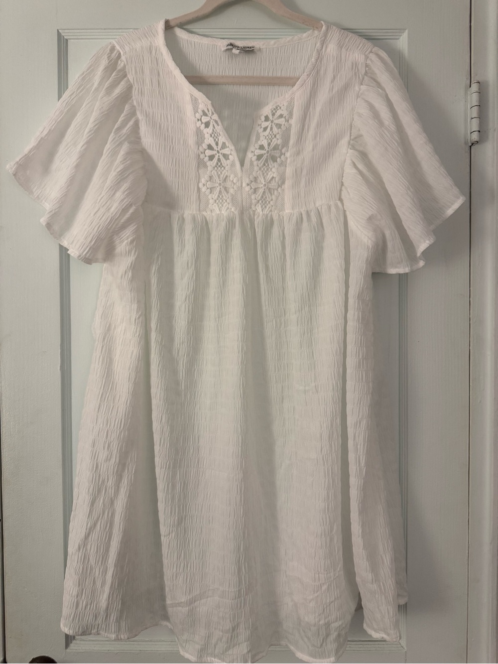 White Crochet‑Inset Flutter Sleeve Mini Dress